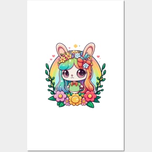 Happy Easter Bunny Girl In Basket. Spring Rainbow Flowers Posters and Art